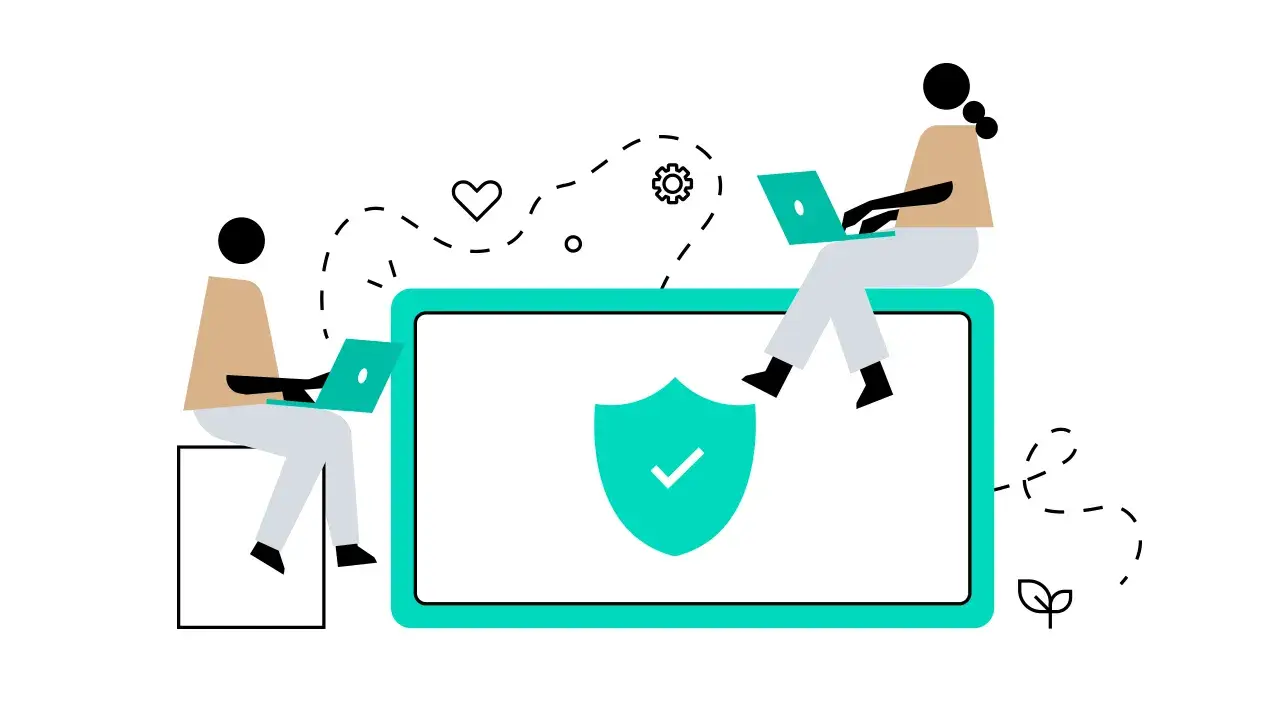 Illustration of two people with laptops on a secure platform, symbolizing compliance with §§146/146a AO.