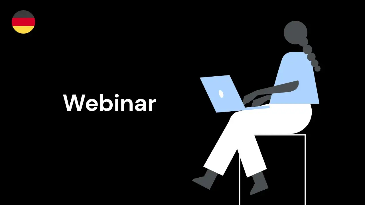 Illustration eines Webinars mit einer Person am Laptop auf schwarzem Hintergrund und einer deutschen Flagge.